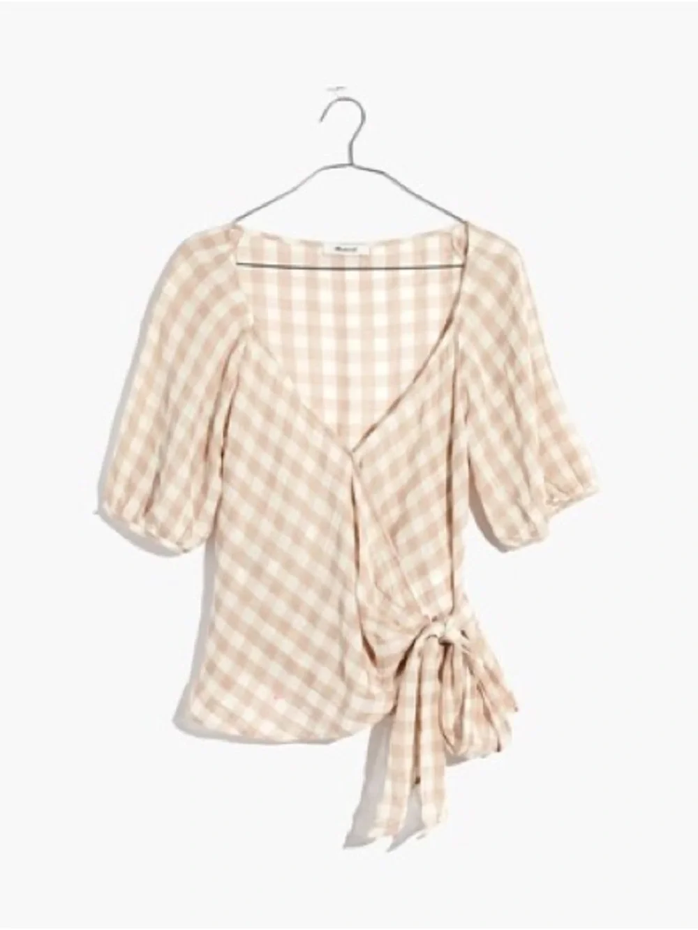 Madewell Beige Gingham Wrap Blouse with Short Puff Sleeves